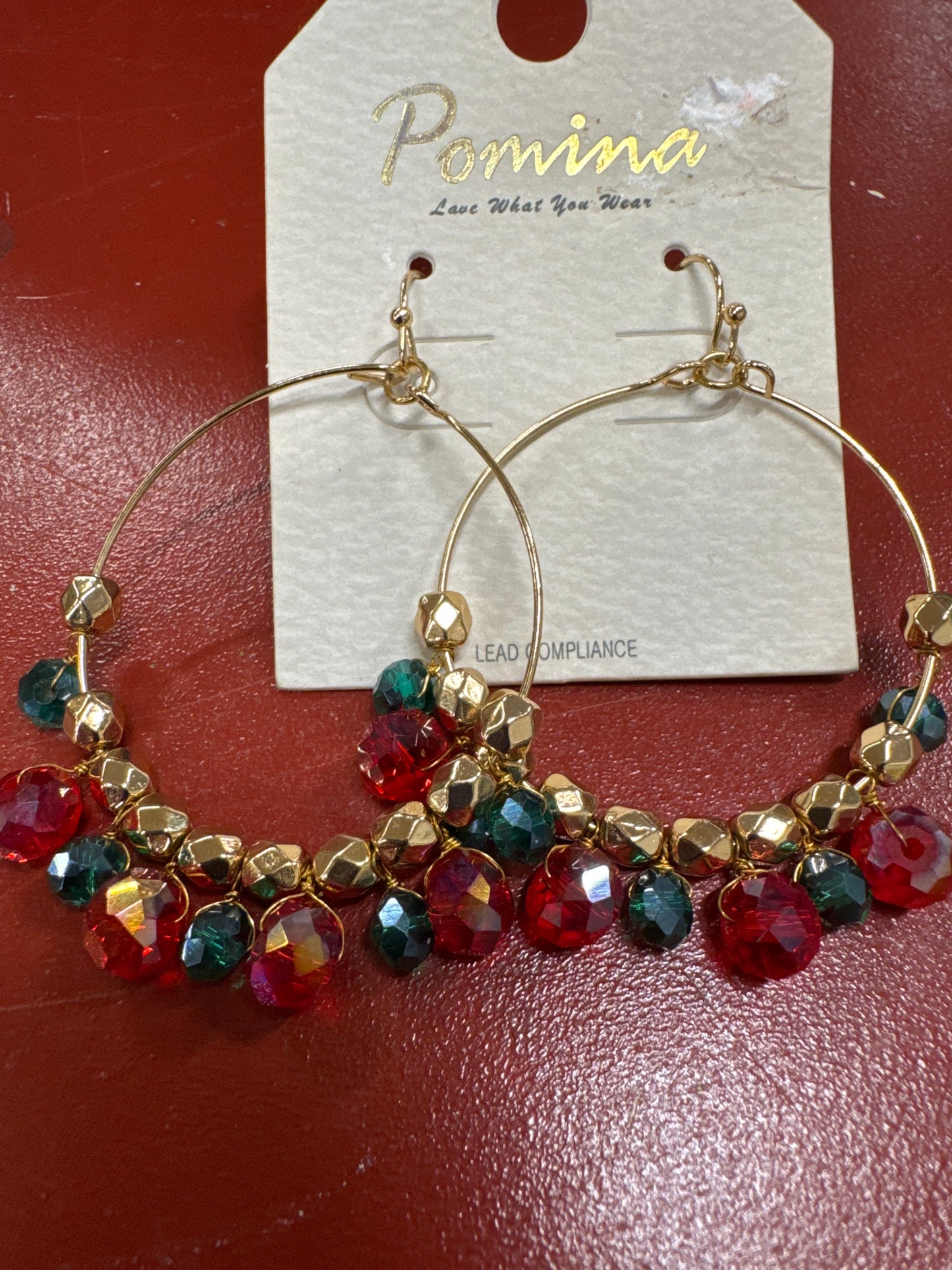 POMINA GOLD HOOP EARRINGS/GREEN/RED