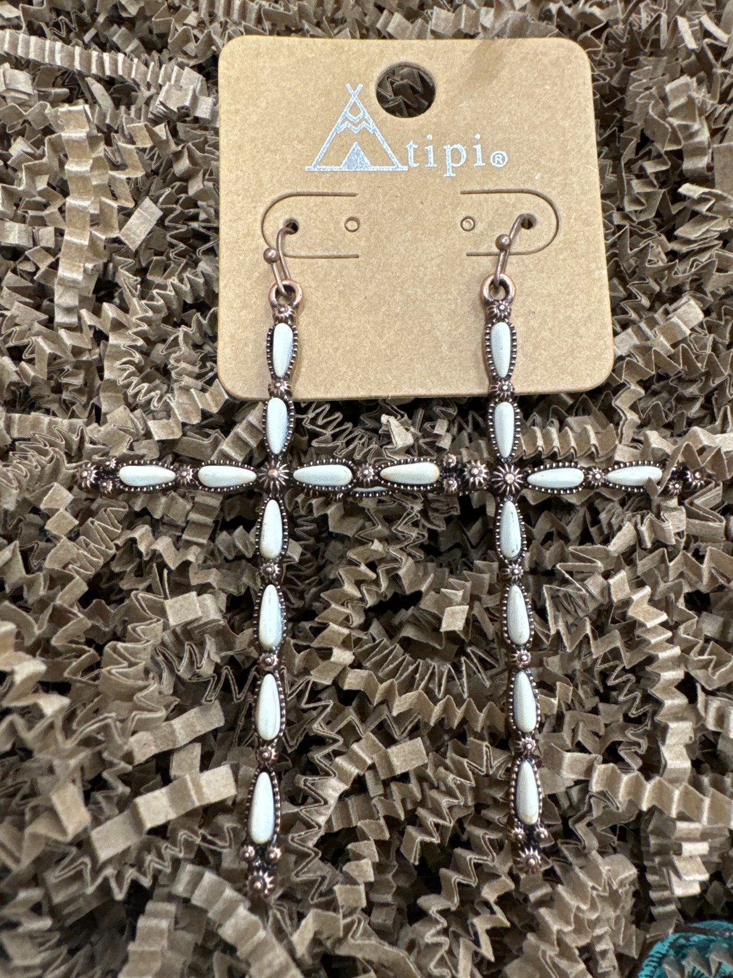 TIPI BRONZE-IVORY STONE CROSS EARRINGS