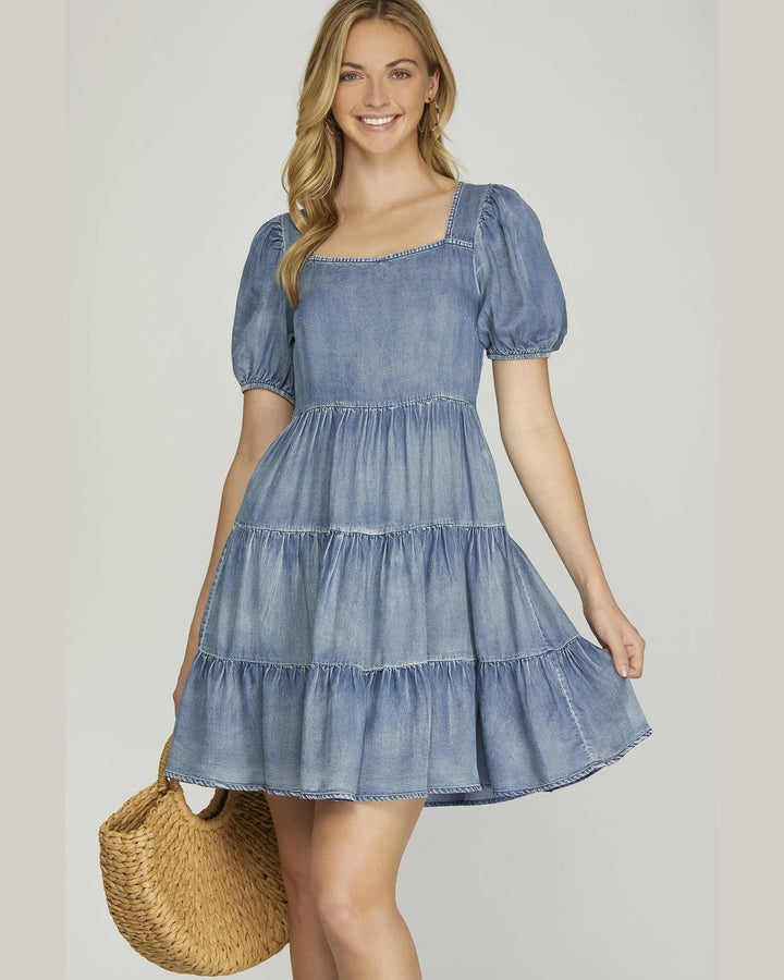 SHE & SKY DENIM RUFFLE DRESS