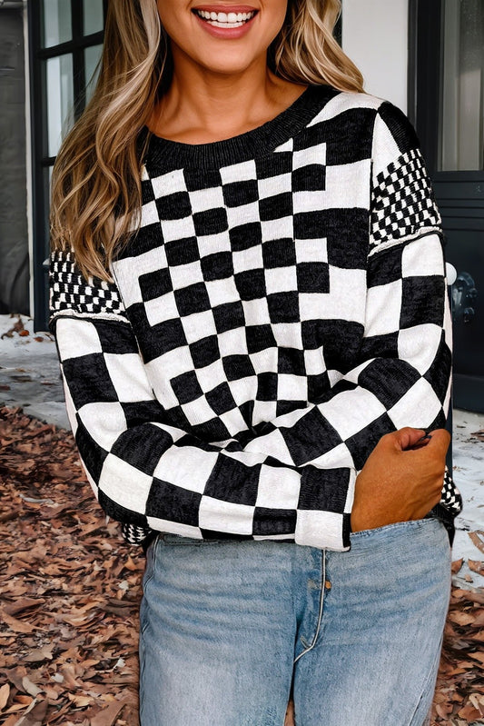 CHECKERED DROP SHOULDER SWEATER