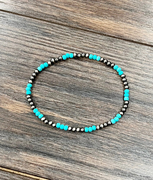 ISAC NAVAJO PEARL TURQ STRETCH ANKLET