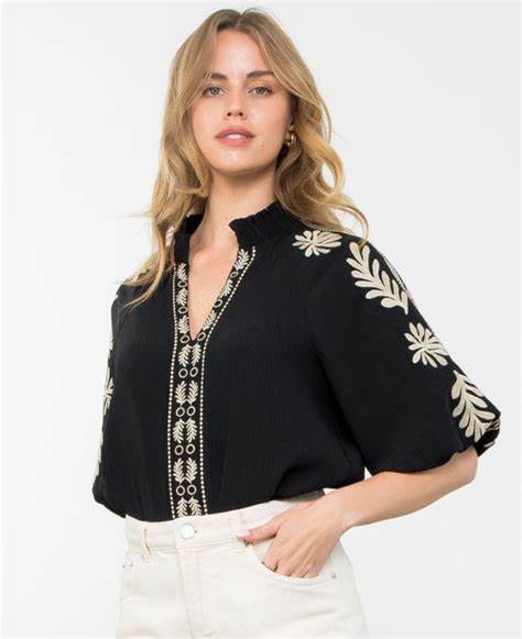 THML EMBROIDERED PUFF SLEEVE-BLK-CREAM