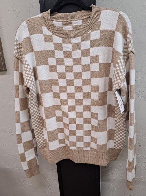 CHECKERED DROP SHOULDER SWEATER-KHAKI