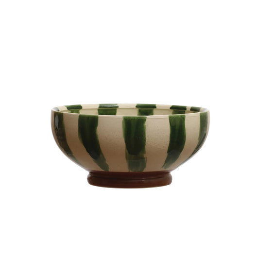 10 1/4' ROUND STONEWARE BOWL-GREEN STRIPE FOOTED BOWL