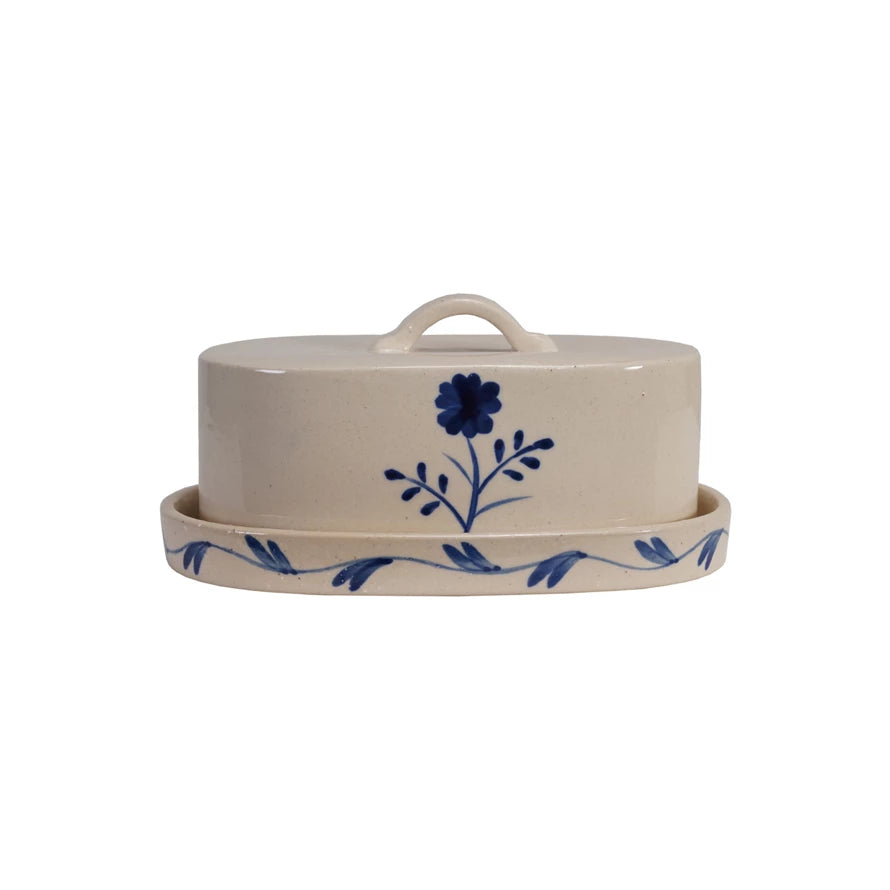 HAND PAINTED BUTTER DISH W/BLUE FLOWER