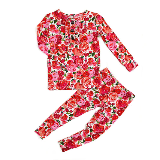 GIGI & MAX 2 PIECE RUFFLE PJS- ROSE 4T/5